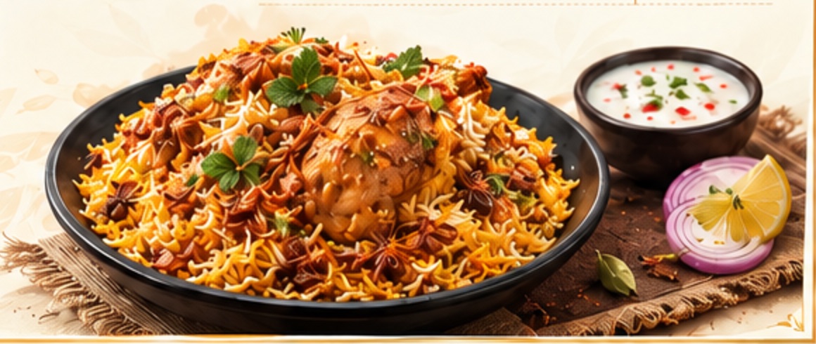 Chicken biriyani plated with raita and onion